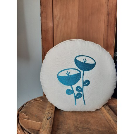 zafu - nízký,  vyšívaný květem tyrkysovým, průměr 30cm