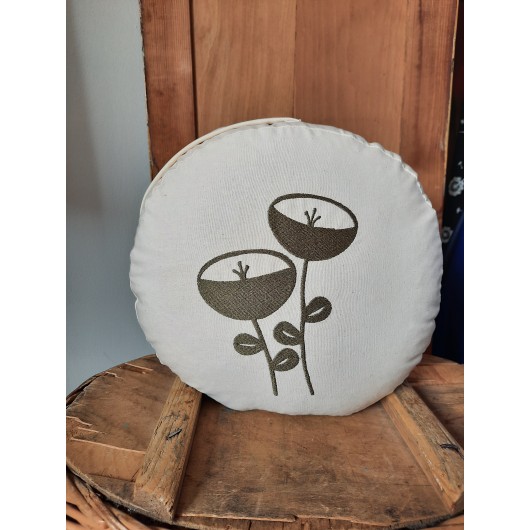 zafu - nízký,  vyšívaný květem khaki, průměr 30cm