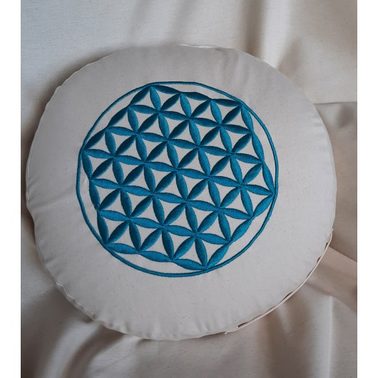 zafu - pohankový sedák - meditační polštář režný s vyšívanou tyrkysovou mandalou 35cm