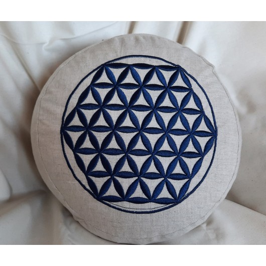 zafu - pohankový sedák - meditační polštář režný s vyšívanou mandalou tm. Modrý 30cm