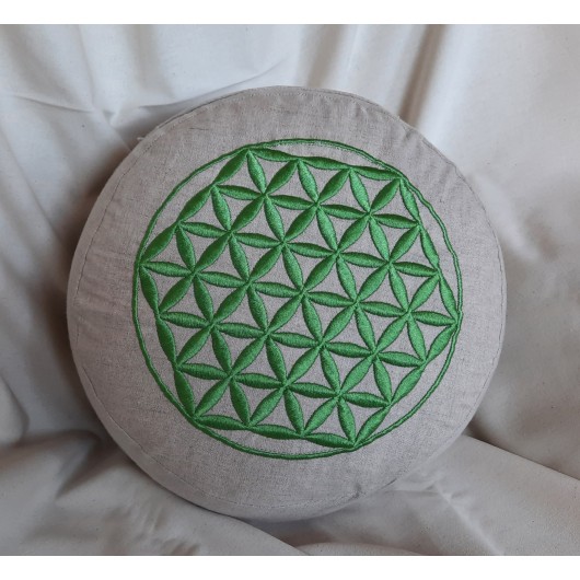 zafu - pohankový sedák - meditační polštář režný s vyšívanou mandalou zelený 30cm