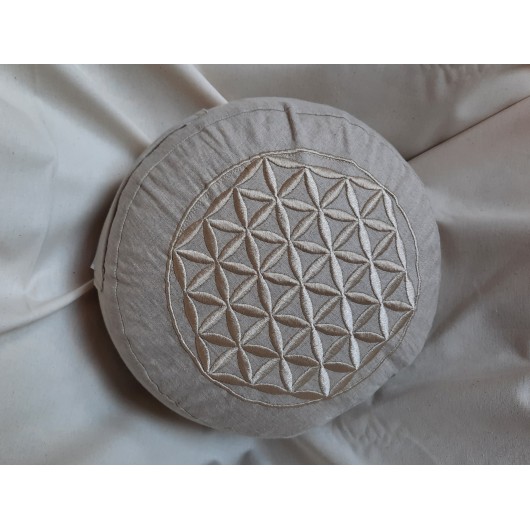 zafu - pohankový sedák - meditační polštář režný s vyšívanou mandalou přírodní 30cm
