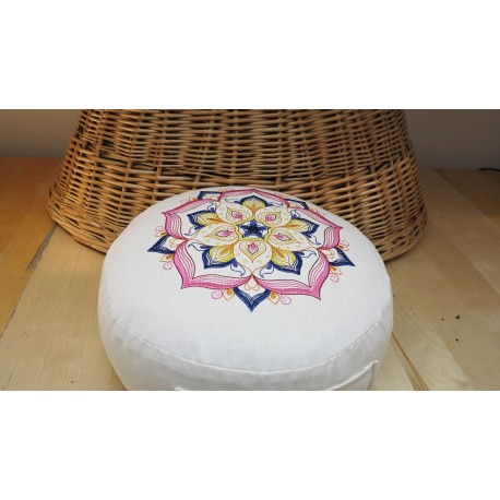 zafu - pohankový sedák - meditační polštář režný s vyšívanou mandalou růžová-modrá30cm