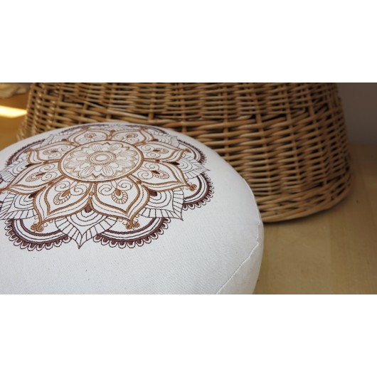 zafu - pohankový sedák - meditační polštář režný s vyšívanou mandalou dohněda 30cm