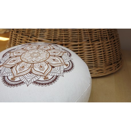 zafu - pohankový sedák - meditační polštář režný s vyšívanou mandalou dohněda 30cm