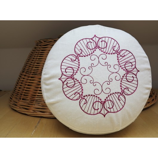 zafu - pohankový sedák - meditační polštář bílý len, sytě růžovou vyšívaný, průměr 30cm