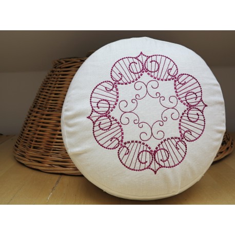 zafu - pohankový sedák - meditační polštář bílý len, sytě růžovou vyšívaný, průměr 30cm