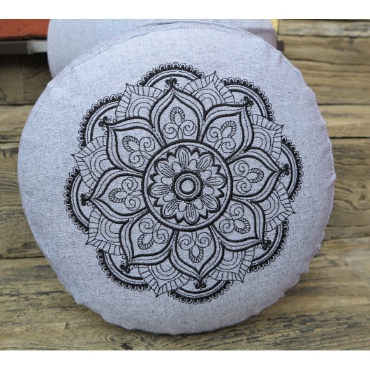 zafu - pohankový sedák - meditační polštář šedý, tmavé modrá/sytá růžová,  vyšívaný, průměr 30cm