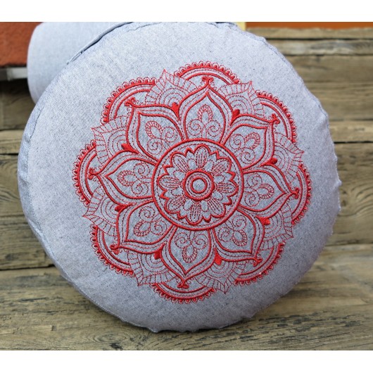 zafu - pohankový sedák - meditační polštář šedý, červeně vyšívaný, průměr 30cm