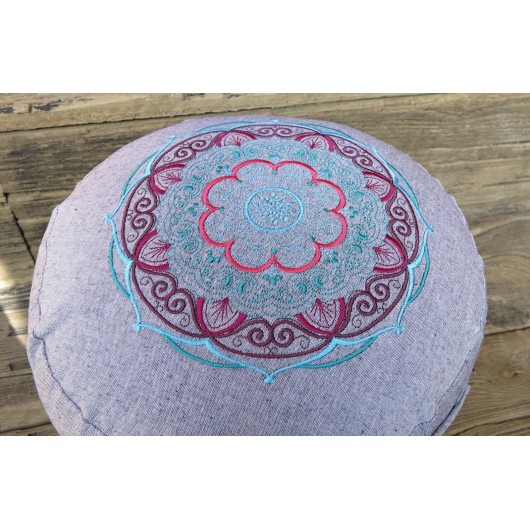 zafu - pohankový sedák - meditační polštář šedý, blankytná/bordó/růžová,  vyšívaný, průměr 30cm