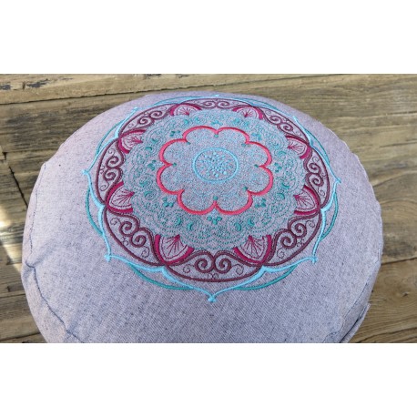 zafu - pohankový sedák - meditační polštář šedý, blankytná/bordó/růžová,  vyšívaný, průměr 30cm